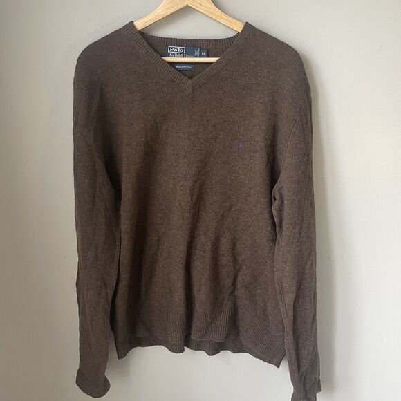 Polo Ralph Lauren Brown Knit Wool V-Neck Long Sleeve Minimalist Men's Sweater XL - Picture 1 of 7